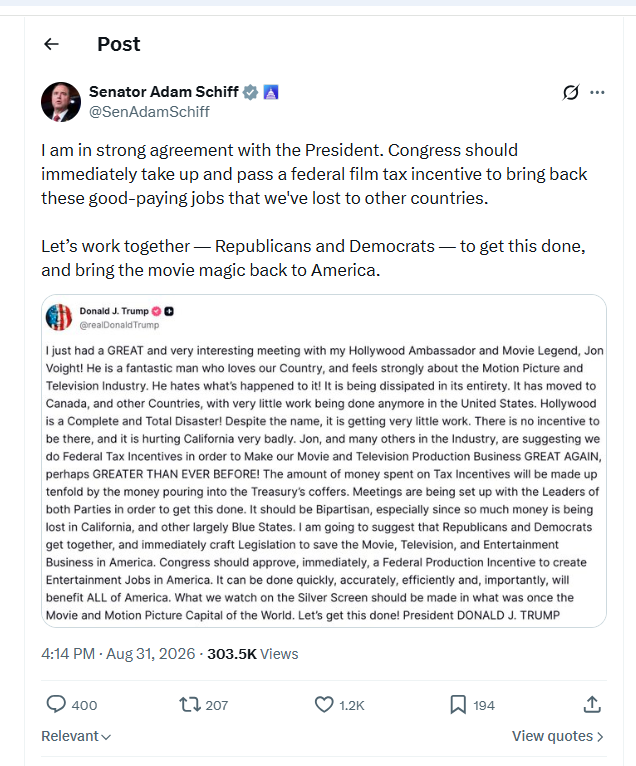 Pigs Fly Again: Schiff Supports Trump On Movie/TV/Entertainment Act 2 schiff holly