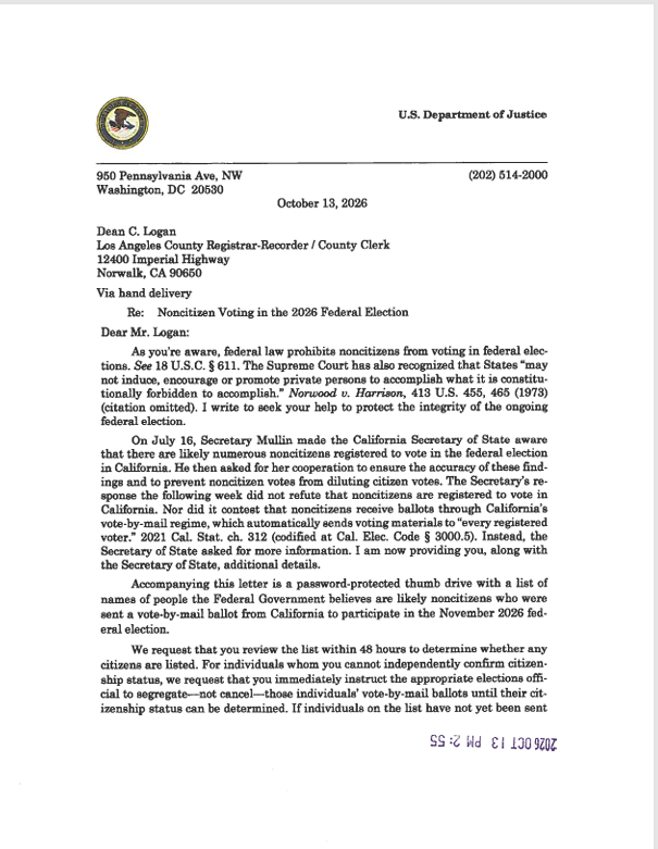 DOJ Sends Names To Check On Los Angeles Voter Rolls, Registrar Won't Do It 1 doj dean logan voter regis dhs letter 1